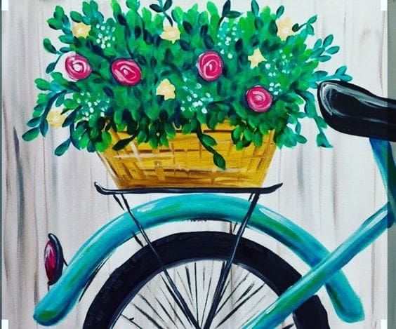 A painting of a flower basket at the back of a bicycle