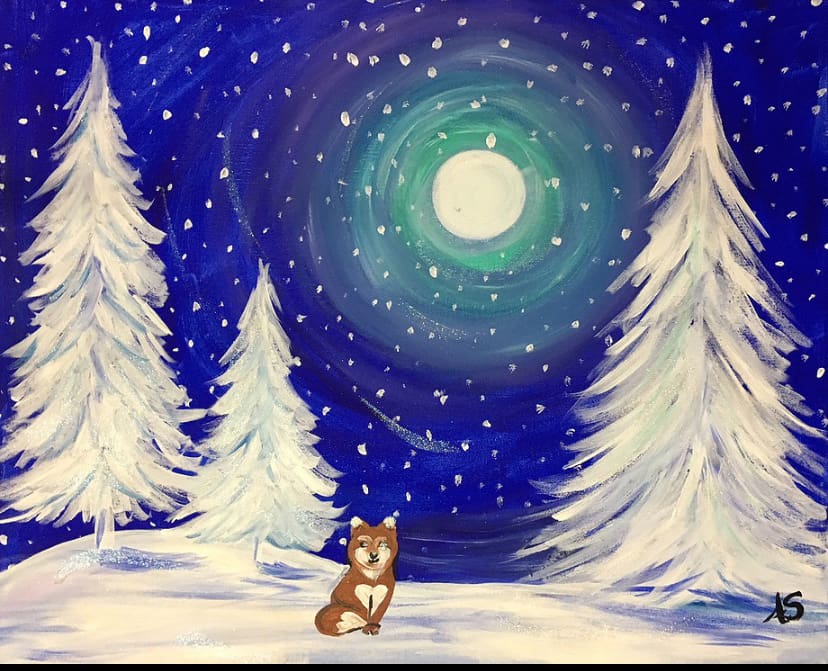 A Painting of Snow Plane With a Fox Siting on Snow