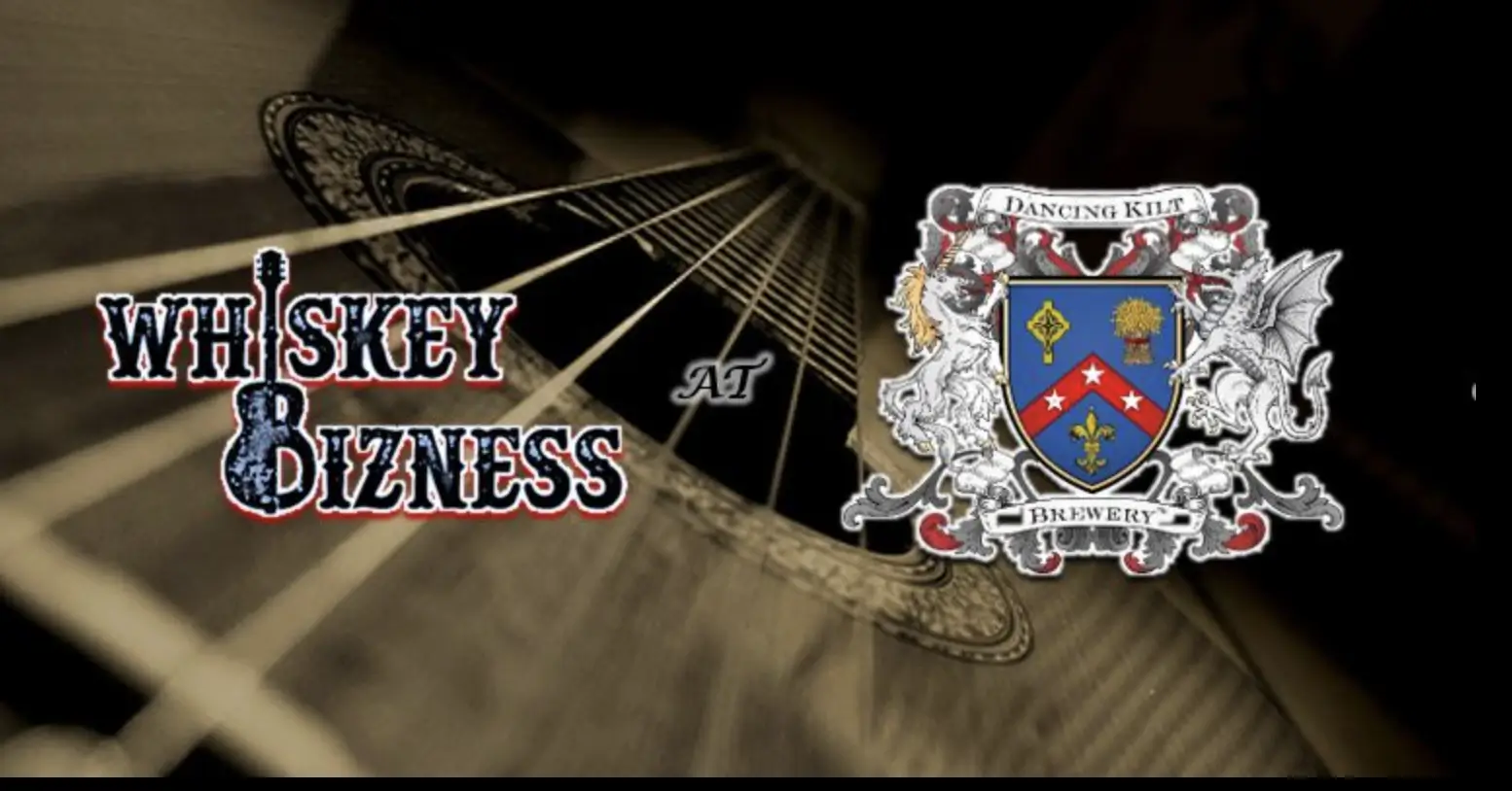 The logo for whiskey bliss with an acoustic guitar.