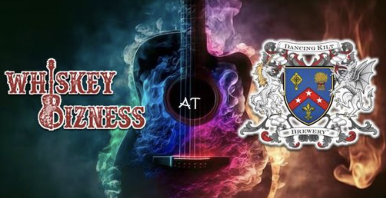 The logo for whiskey business with a guitar and flames.