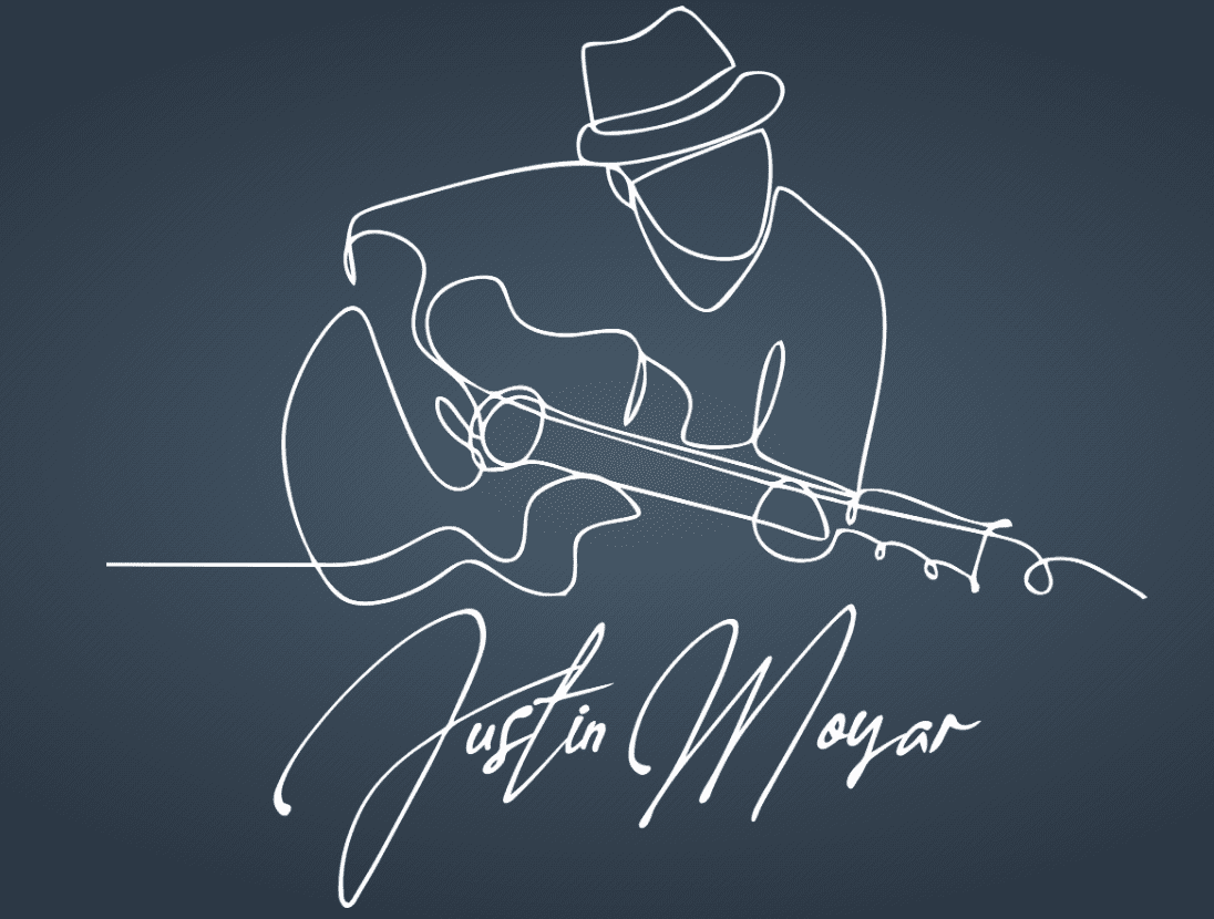 A line drawing of a man playing an acoustic guitar.